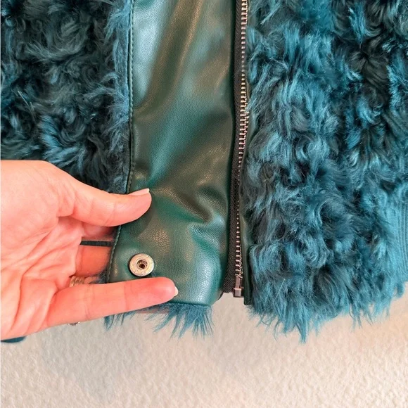Anthropologie Teal Faux Fur Bomber Jacket - Picture 4 of 7